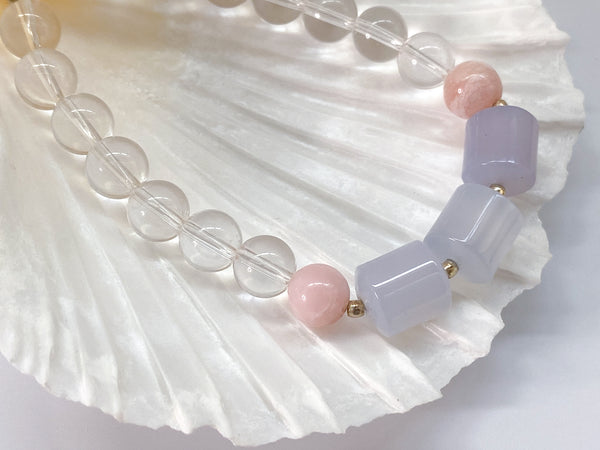 Gemstone Bracelet - Clear Quartz, Pink Opal + Blue Chalcedony