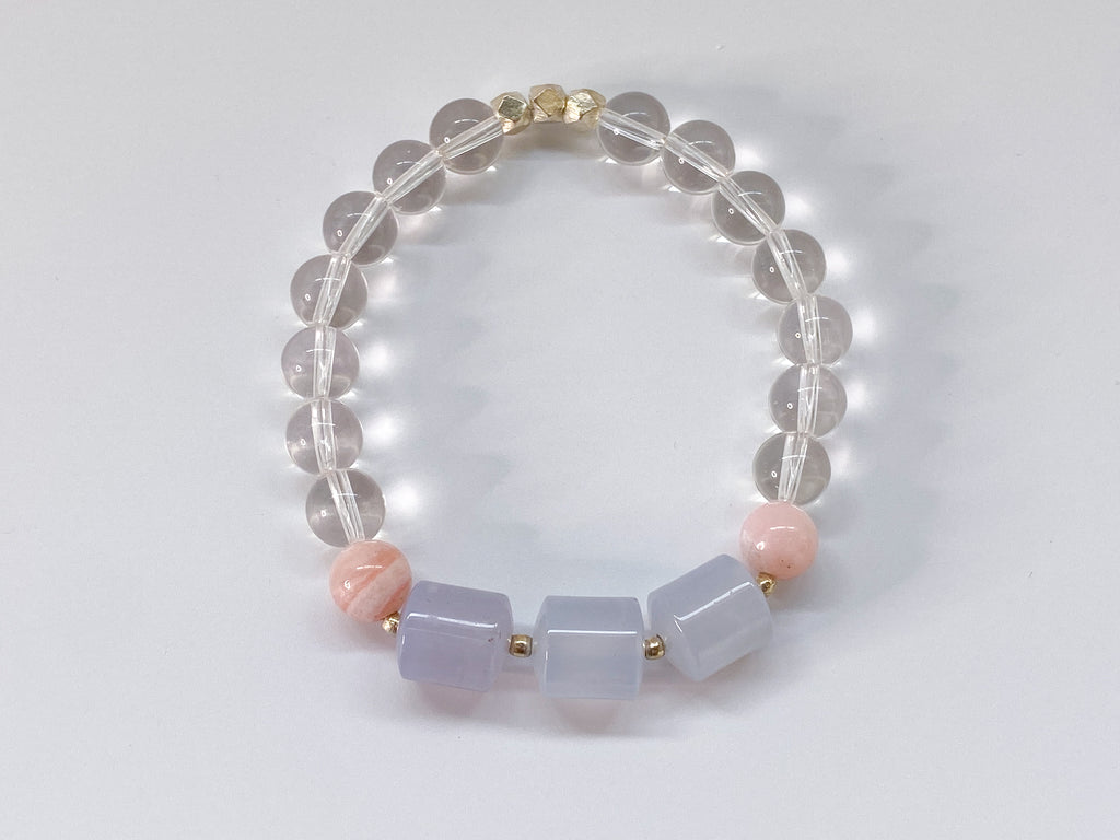 Gemstone Bracelet - Clear Quartz, Pink Opal + Blue Chalcedony