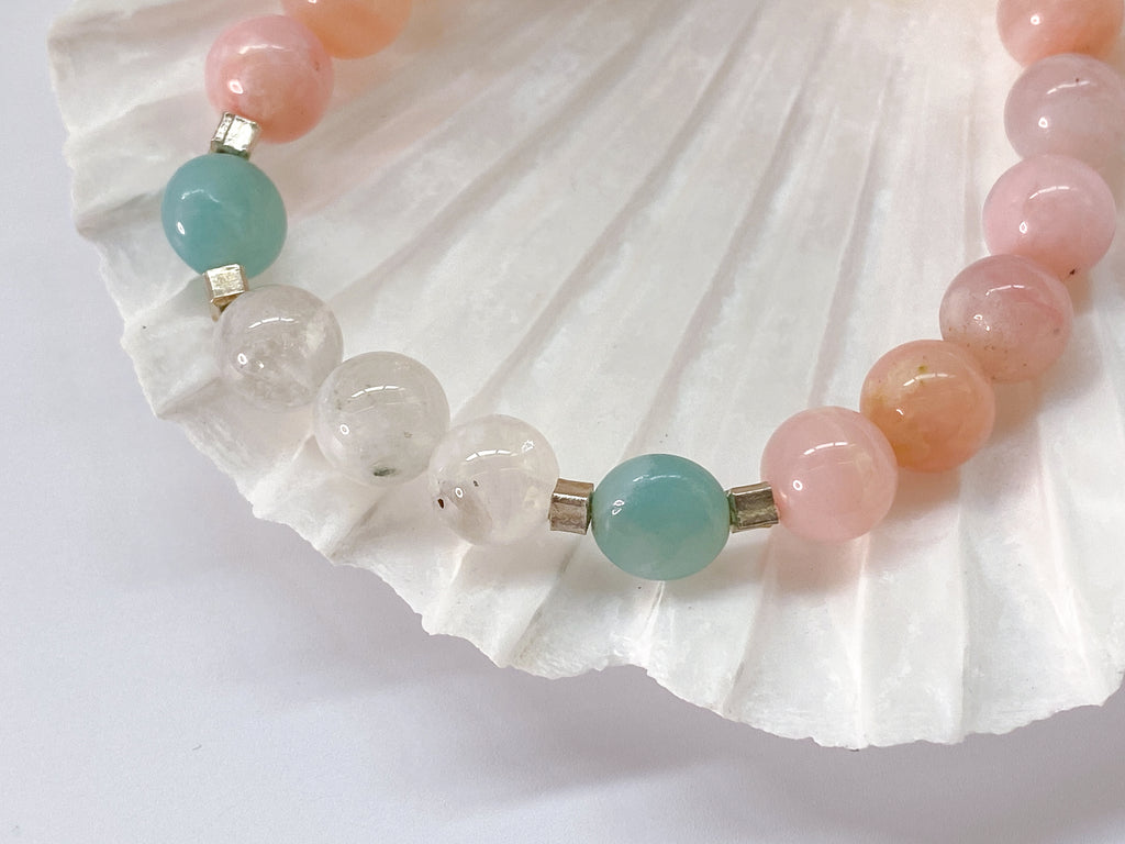 Gemstone Bracelet - Rainbow Moonstone, Amazonite and Pink Opal