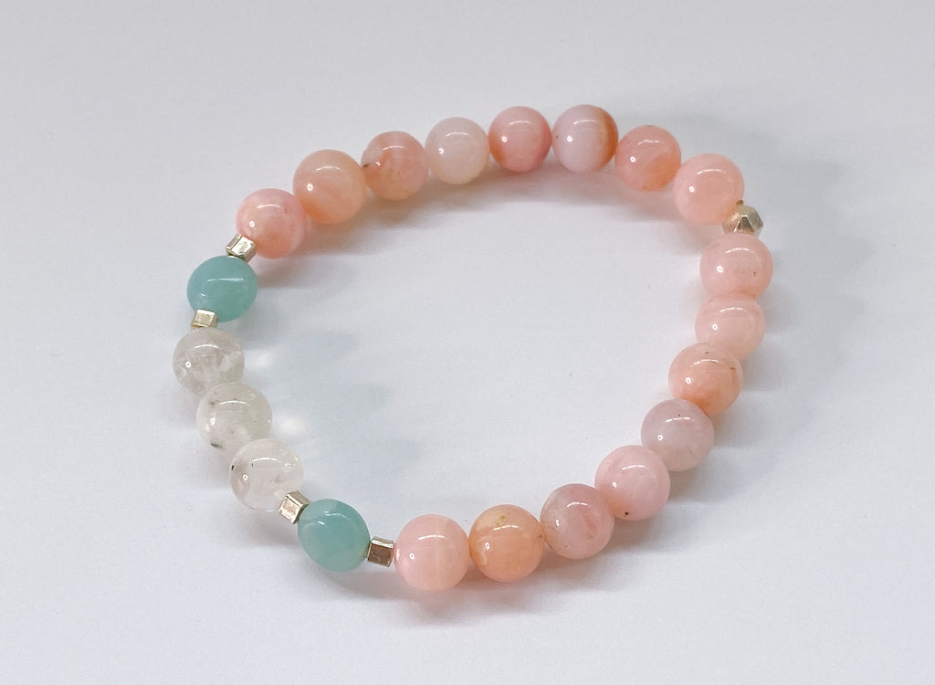Gemstone Bracelet - Rainbow Moonstone, Amazonite and Pink Opal